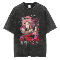 Men's vintage Naruto Rock Lee Streetwear T Shirt in a washed black style, featuring an anime graphic of the taijutsu master.