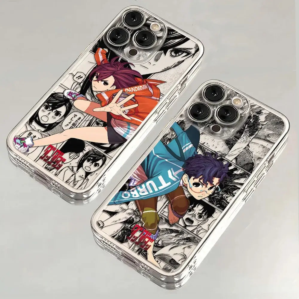 A transparent soft TPU Dandadan Phone Case featuring cute anime art of Okarun and Momo Ayase, compatible with Apple iPhone 16e, 15, and 14 Pro Max.