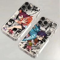 A transparent soft TPU Dandadan Phone Case featuring cute anime art of Okarun and Momo Ayase, compatible with Apple iPhone 16e, 15, and 14 Pro Max.