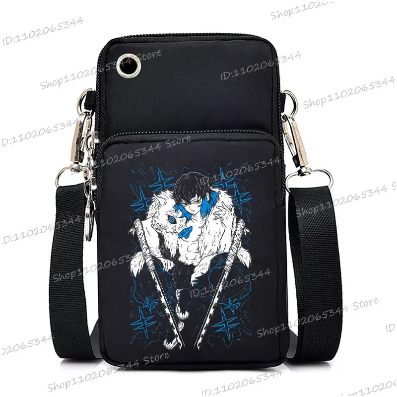 A trendy Demon Slayer Phone Bag featuring anime art of Nezuko Kamado and Mitsuri Kanroji, designed as a Harajuku mini crossbody purse for women and men.