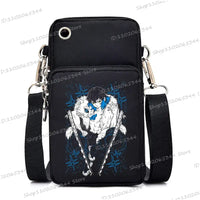 A trendy Demon Slayer Phone Bag featuring anime art of Nezuko Kamado and Mitsuri Kanroji, designed as a Harajuku mini crossbody purse for women and men.