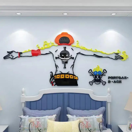 A 3D plastic Ace Wall Sticker featuring a dynamic comic-style illustration of Portgas D. Ace, designed for creative bedroom and living room wall decoration.