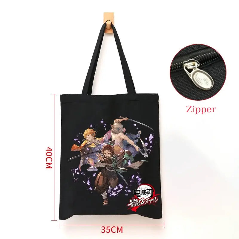 A durable Demon Slayer Canvas Bag featuring Kamado Nezuko and Tanjiro anime graphics, designed as a zipper tote for students and shoppers.