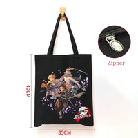 A durable Demon Slayer Canvas Bag featuring Kamado Nezuko and Tanjiro anime graphics, designed as a zipper tote for students and shoppers.
