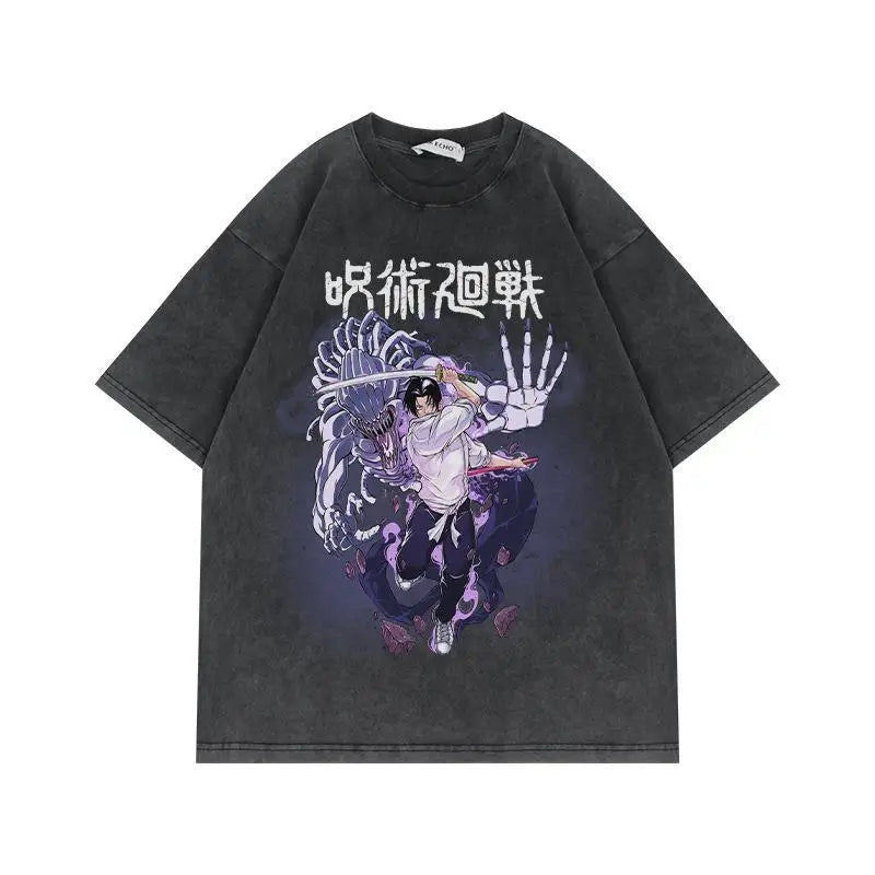 Jujutsu Kaisen Vintage Washed Cotton T-Shirt featuring bold graphic design and relaxed fit for anime fans.