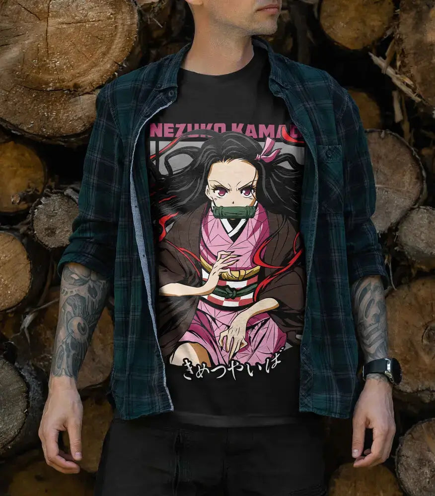 A stylish Nezuko T-Shirt featuring vibrant Demon Slayer anime art and Mitsuri Kanroji motifs, designed as a premium cotton tee for fans.