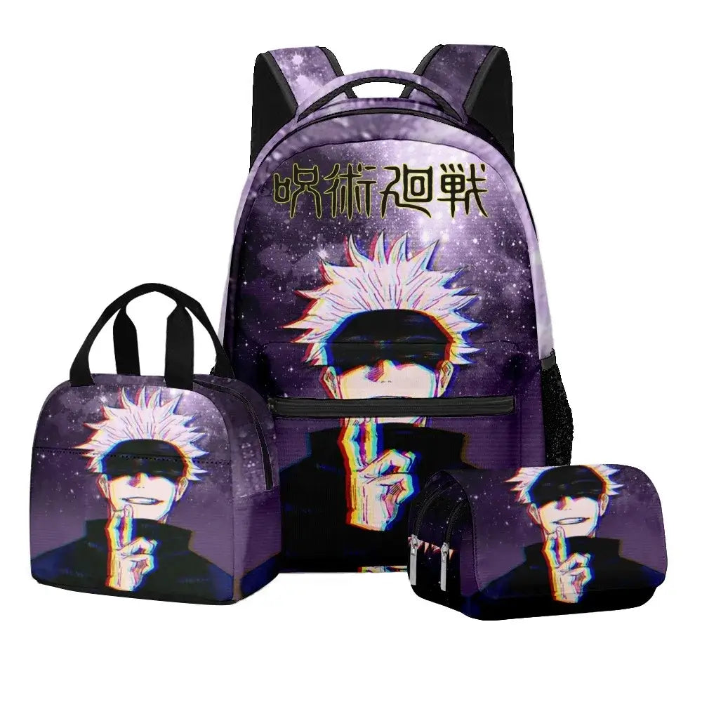 A 3-piece Jujutsu Kaisen Backpack Set featuring a digital print schoolbag, thermal lunch bag, and 2-layer pencil case for boys.