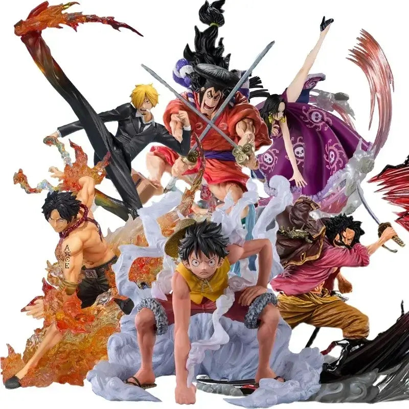 A colorful One Piece Mystery Box packaging containing a random anime action figure surprise, featuring silhouettes of Luffy and Zoro.