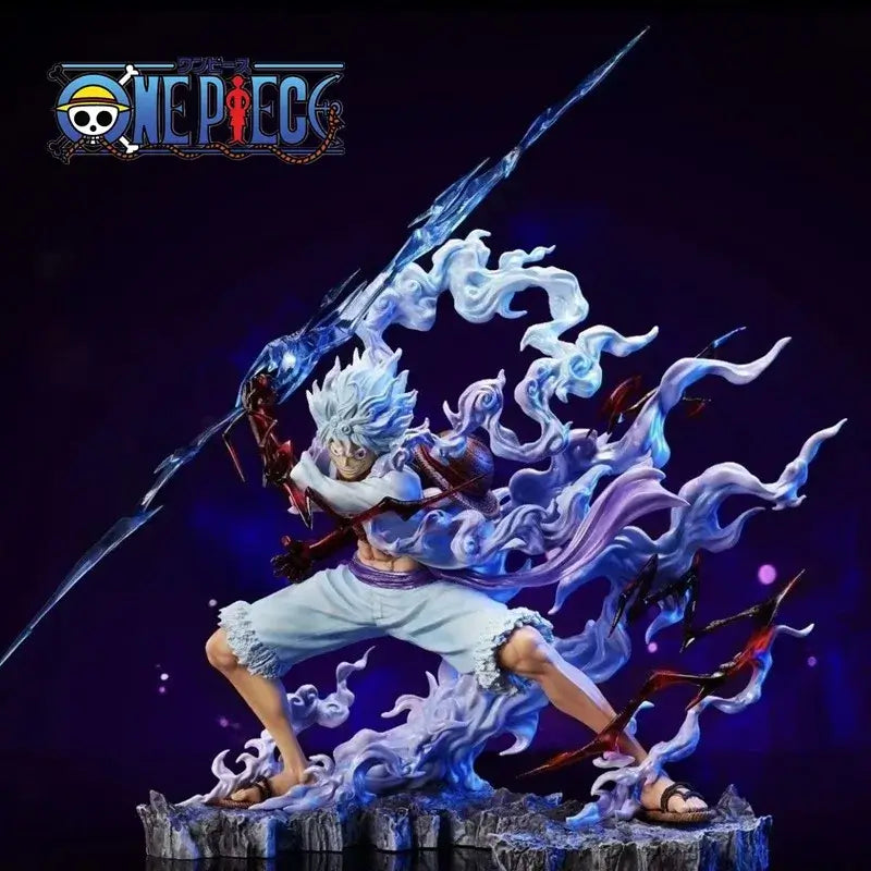 A handmade 28cm One Piece Luffy Statue featuring movable parts and lightning effects, perfect for anime desktop decoration and gifting.