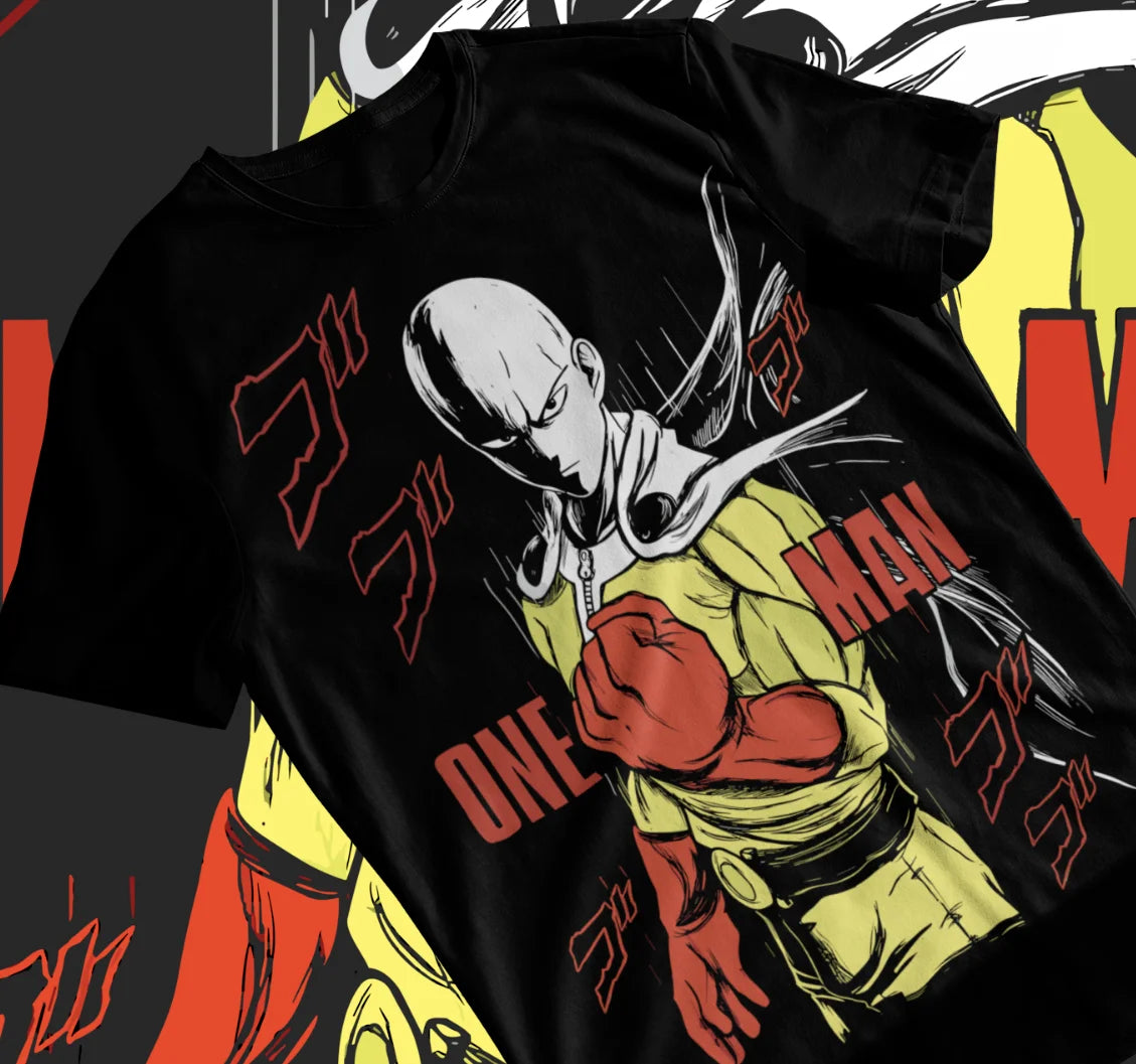 A premium black Saitama T-Shirt made of soft cotton, featuring a cool One Punch Man anime manga graphic for men and women.
