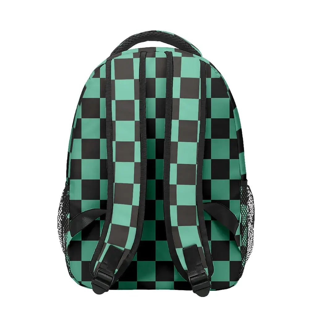 A 3-piece Demon Slayer Backpack Set featuring Tanjiro and Nezuko anime art, including a school bag, lunch box, and pencil case for elementary students.