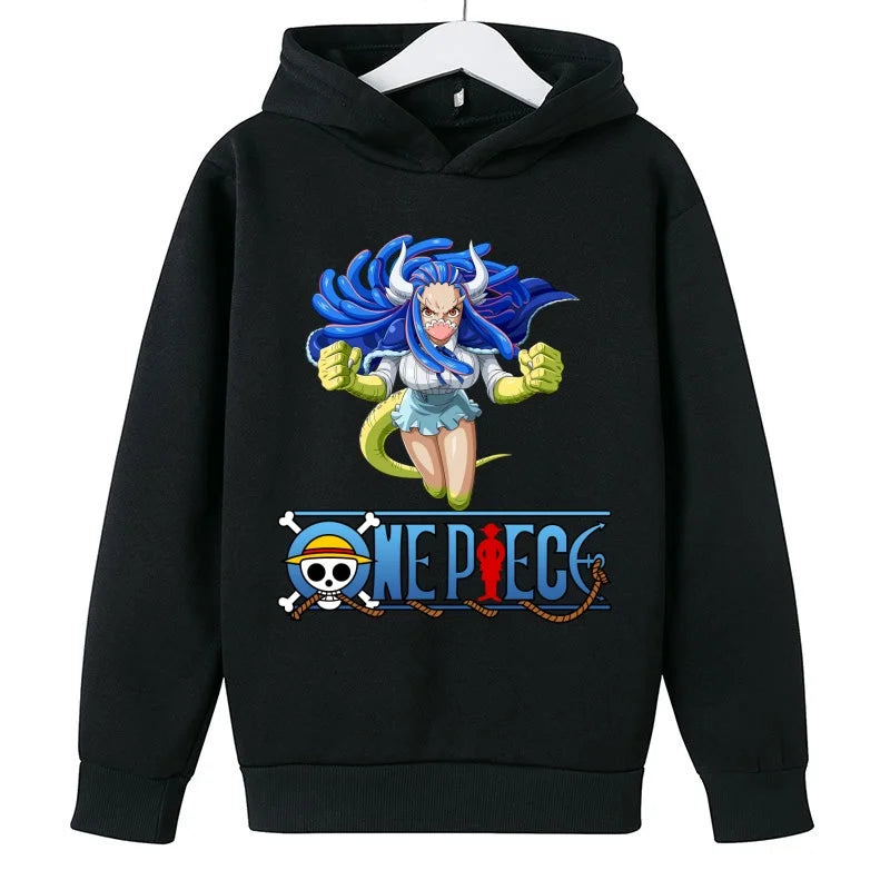A trendy One Piece Kids Hoodie featuring cartoon graphic prints of Luffy and Zoro, designed as a casual spring and autumn pullover for children.
