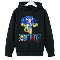 A trendy One Piece Kids Hoodie featuring cartoon graphic prints of Luffy and Zoro, designed as a casual spring and autumn pullover for children.