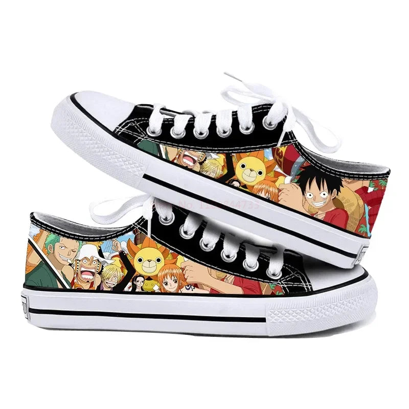 One Piece Anime Low Top Canvas Sneakers flat lay pair printed anime canvas couple birthday gift