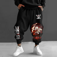 Trendy One Piece Graphic Joggers featuring anime character prints, designed as casual Y2K streetwear sweatpants for men and women.