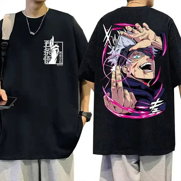 A loose-fit Gojo Satoru T-Shirt made of soft cotton, featuring a stylish Harajuku anime graphic for men and women.