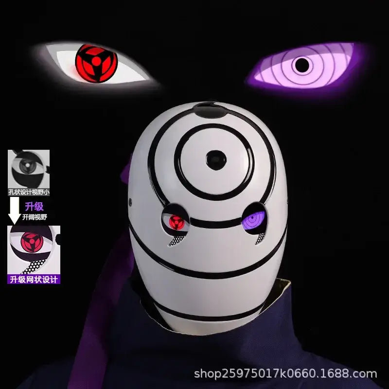 A highly imitative, high-gloss Obito Cosplay Mask featuring the Akatsuki Sharingan design for anime Halloween costumes and conventions.