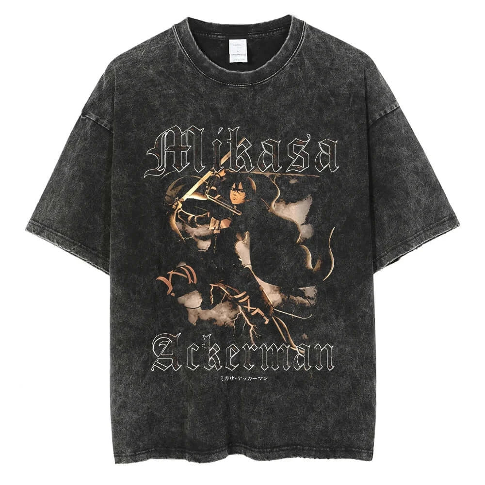 A vintage-washed Eren Jaeger T-Shirt featuring a gritty Attack on Titan manga graphic, styled as oversized Harajuku streetwear for men and women.