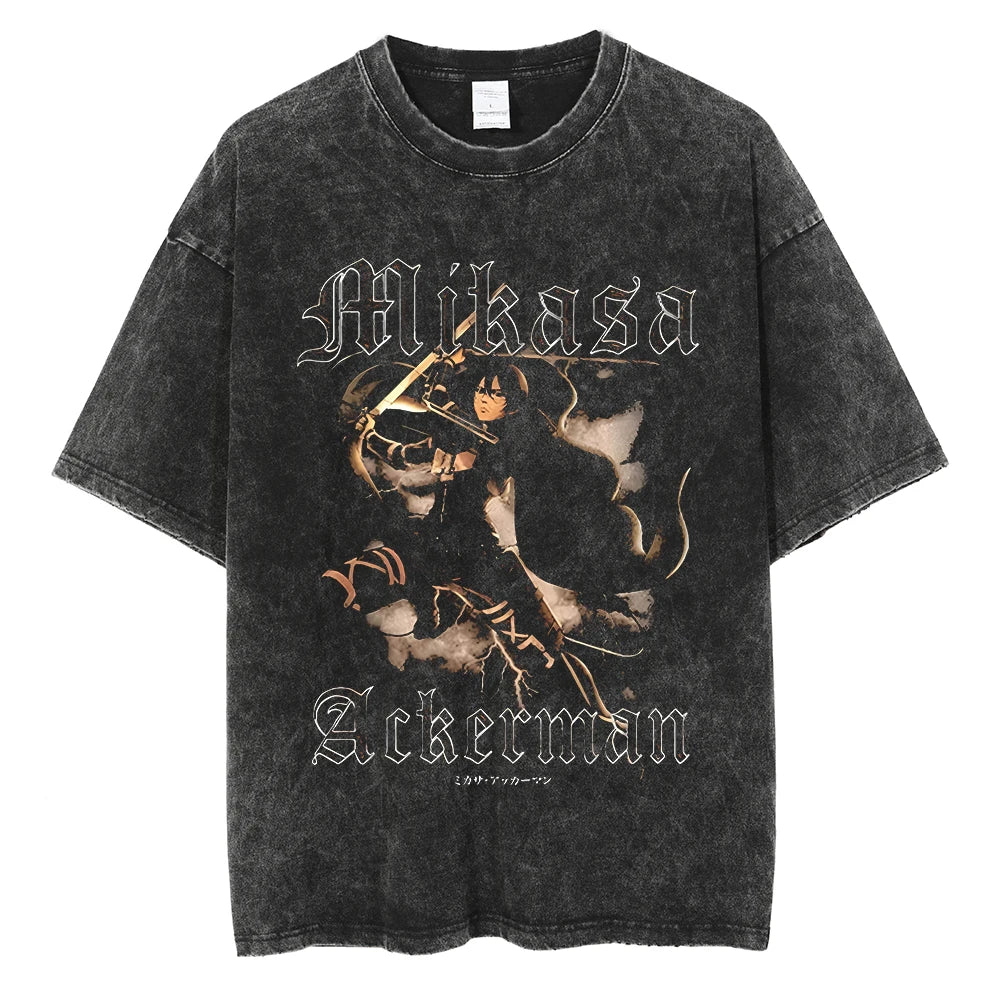 A vintage-washed Eren Jaeger T-Shirt featuring a gritty Attack on Titan manga graphic, styled as oversized Harajuku streetwear for men and women.