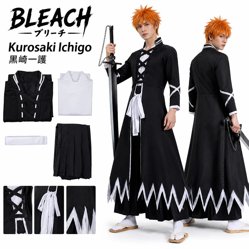 Kurosaki Ichigo Cosplay Costume featuring overcoat, inner vest, pants, and waist belt from BLEACH.