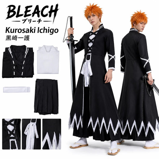 Kurosaki Ichigo Cosplay Costume featuring overcoat, inner vest, pants, and waist belt from BLEACH.