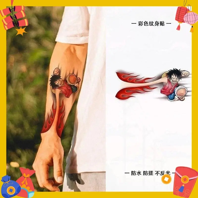 One Piece Temporary Tattoo Stickers illustration showing Luffy with fire fist design on a forearm.