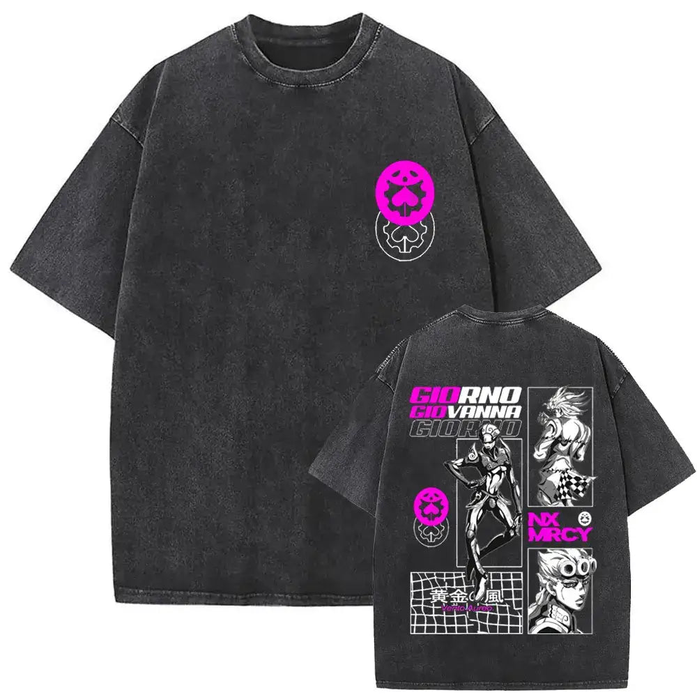 A washed Jojo Bizarre Adventure Vintage T-shirt featuring high-quality manga prints of Jotaro Kujo, Dio, and Giorno for men and women.