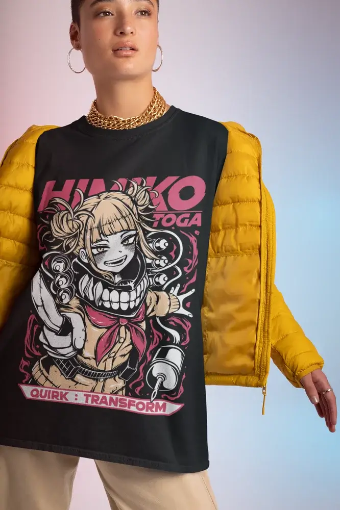 A kawaii Himiko Toga T-Shirt featuring graphic anime art of the My Hero Academia villain, designed as a cute girl shirt for all sizes.
