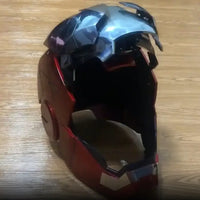 A wearable AutoKing Iron Man Helmet (Mk5) featuring voice-controlled opening face plates and glowing LED eyes for adult cosplay and display.