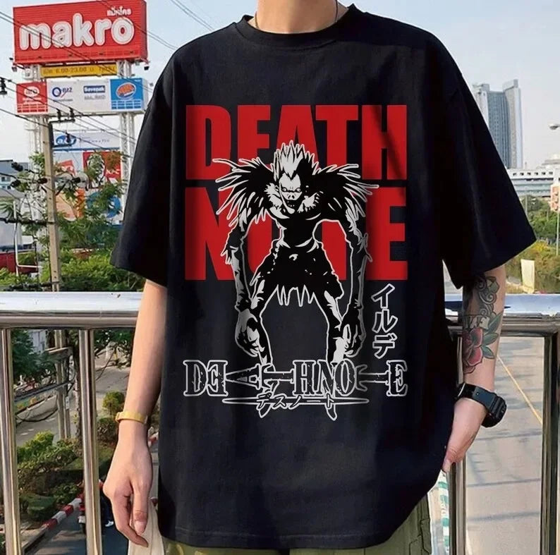 A trendy Death Note T-shirt featuring high-definition anime graphic art of Light Yagami and Ryuk, designed as a unisex Japanese manga top.