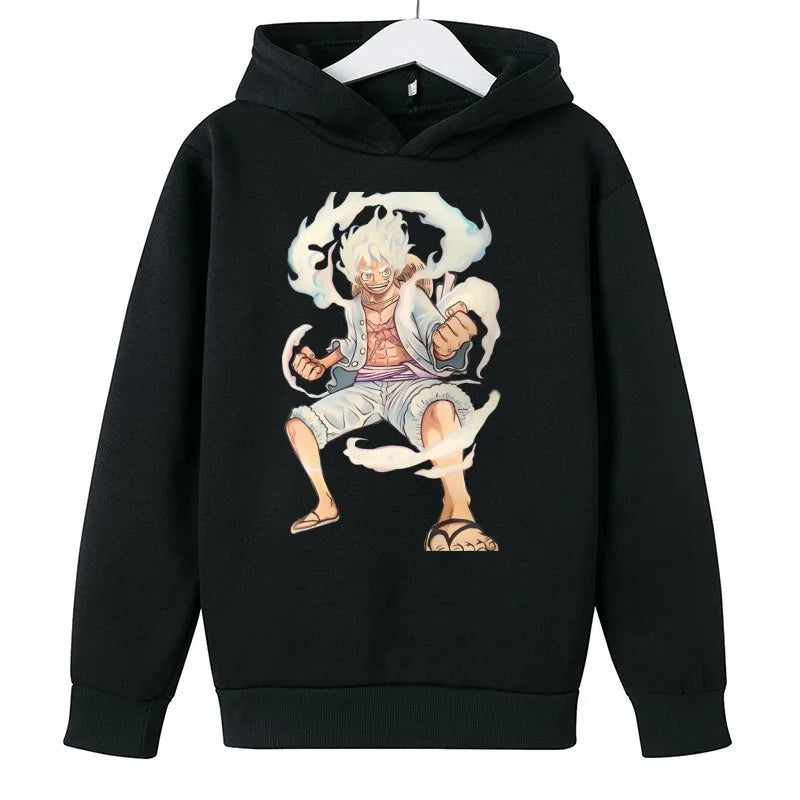 A trendy One Piece Kids Hoodie featuring cartoon graphic prints of Luffy and Zoro, designed as a casual spring and autumn pullover for children.