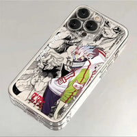 A transparent soft TPU Dandadan Phone Case featuring cute anime art of Okarun and Momo Ayase, compatible with Apple iPhone 16e, 15, and 14 Pro Max.