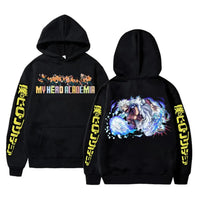 An oversized Midoriya Izuku Hoodie featuring a black and white manga graphic print, styled as unisex Harajuku streetwear for men and women.