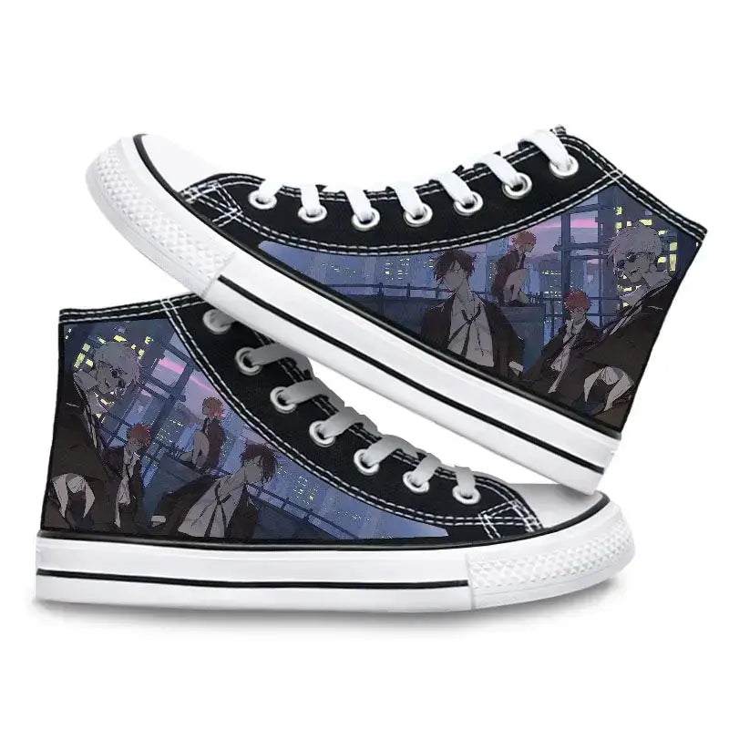 Pair of Jujutsu Kaisen Canvas Shoes featuring Gojo Satoru and Fushiguro Megumi creative cartoon patterns, designed as fashion high-top sneakers.