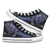 Pair of Jujutsu Kaisen Canvas Shoes featuring Gojo Satoru and Fushiguro Megumi creative cartoon patterns, designed as fashion high-top sneakers.
