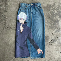 Trendy Y2K Anime Baggy Jeans featuring a Harajuku graphic print pattern, designed as high-waisted vintage streetwear for men and women.