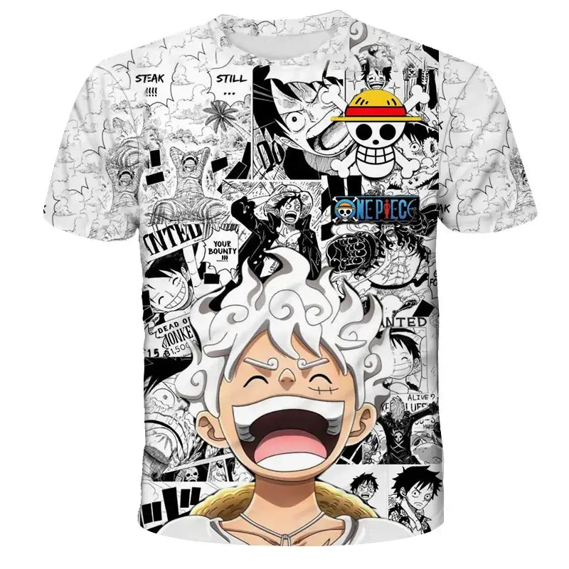 A casual One Piece Luffy T-shirt featuring a cartoon Monkey D. Luffy graphic, designed as a loose, breathable short-sleeve top for men and boys.