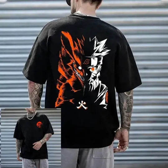 A black MINISO Akatsuki Cloud T-Shirt made of cotton, featuring Red Clouds and Purple Rinnegan eye design for men and anime cosplay.