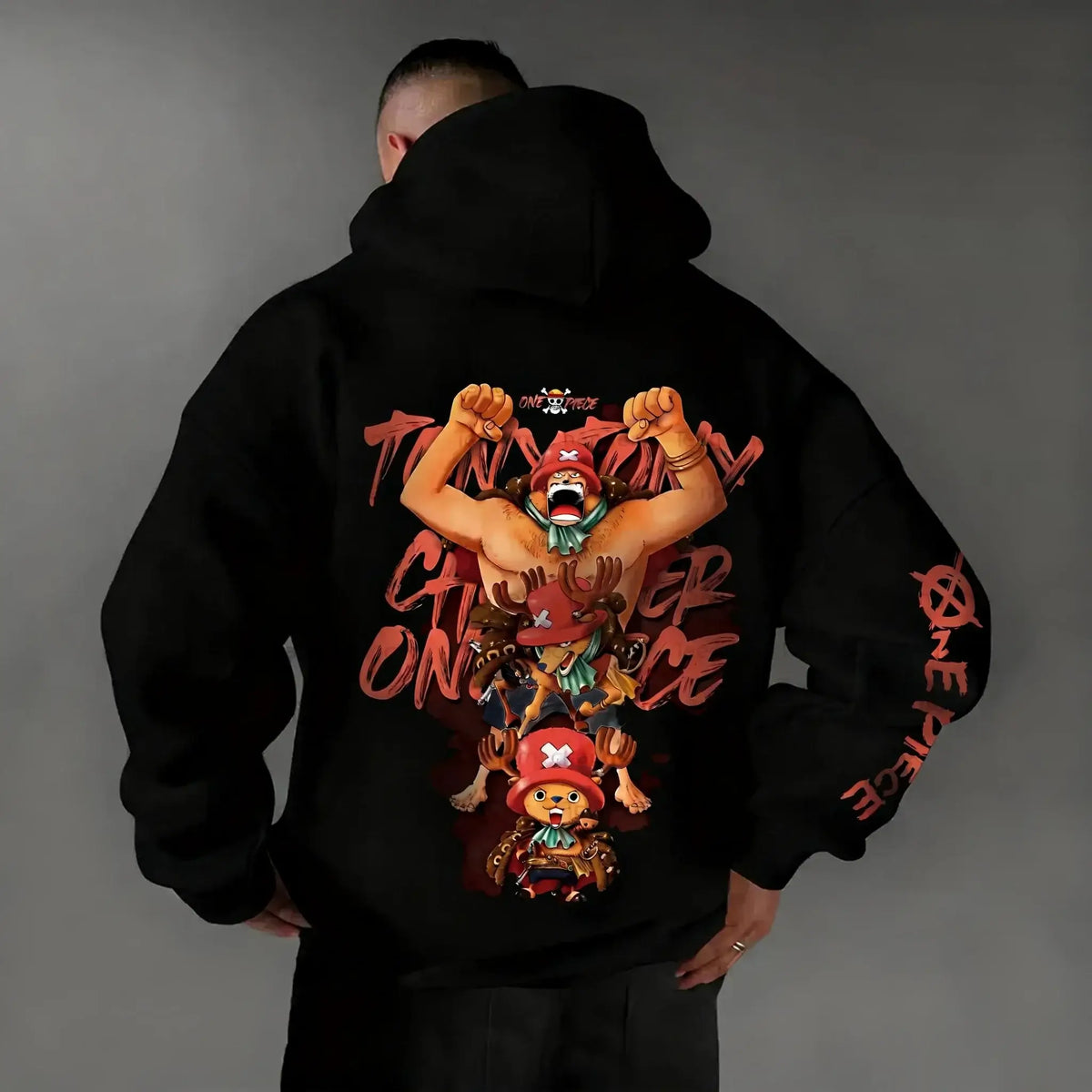 An oversized Chopper Graphic Hoodie featuring a cute Tony Tony Chopper anime print, designed as casual autumn and winter streetwear for men and women.