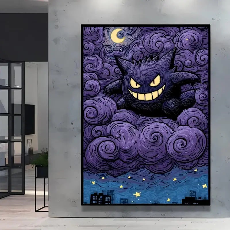 A stunning Van Gogh Pokemon Wall Art piece featuring Pikachu painted in a Starry Night impressionist style for unique home decoration.