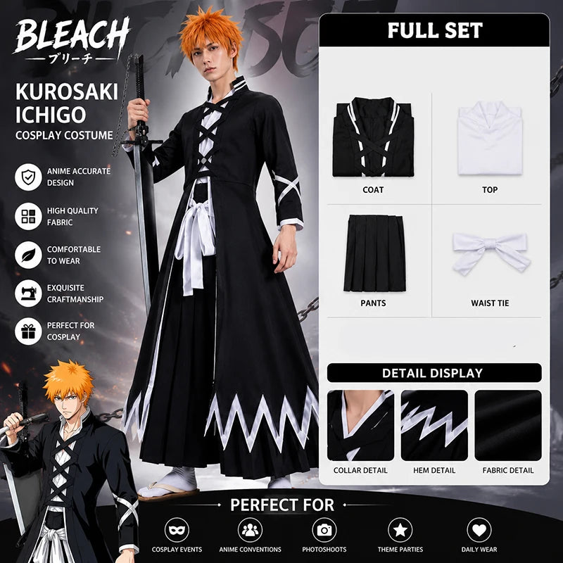 Kurosaki Ichigo Cosplay Costume showcasing a full set including coat, top, pants, and waist tie from BLEACH.