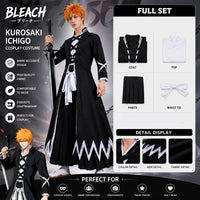 Kurosaki Ichigo Cosplay Costume showcasing a full set including coat, top, pants, and waist tie from BLEACH.