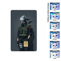 A waterproof Naruto Credit Card Skin PVC sticker featuring Uchiha Sasuke anime art applied to a standard debit bank card.