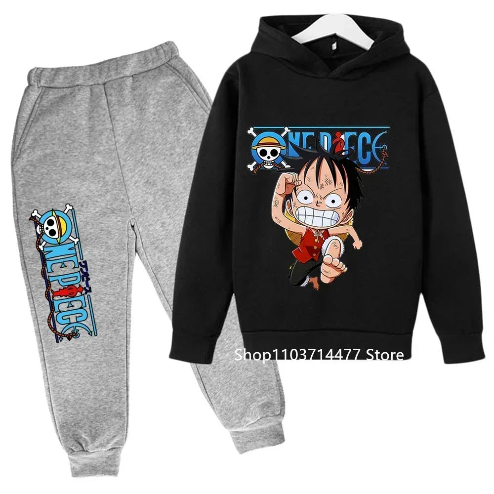 A comfortable One Piece Hoodie Set for kids featuring Monkey D. Luffy anime graphics, including a hoodie and pants 2-piece sports suit.