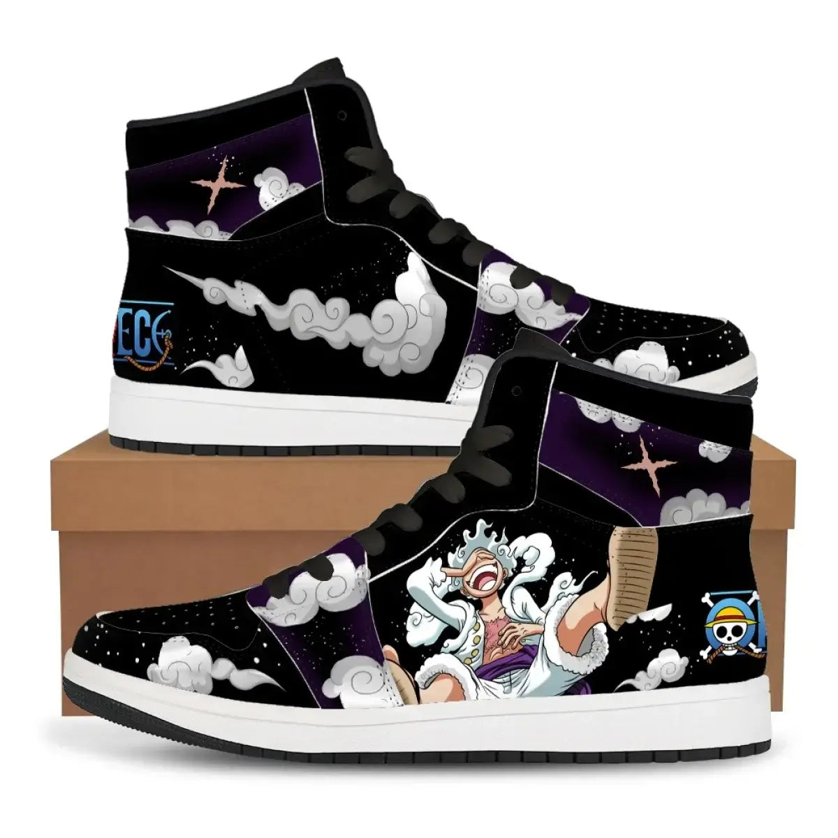 A pair of custom One Piece Basketball Shoes featuring anime designs of Luffy and Zoro, suitable as unisex sneakers.