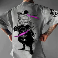 A casual Roronoa Zoro T-Shirt made of soft cotton, featuring a graphic anime print of the Pirate Hunter for men and boys.