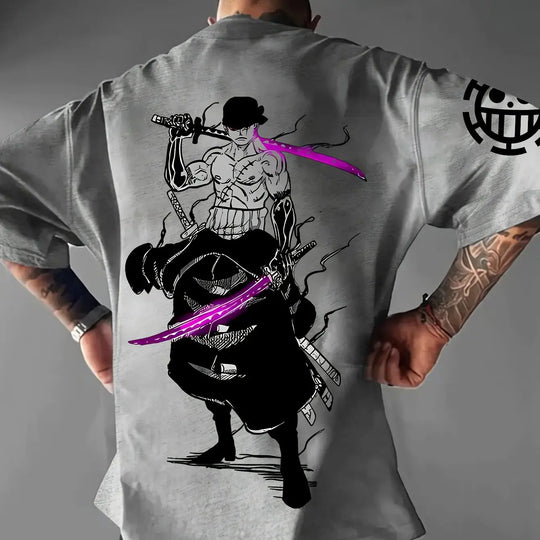 A casual Roronoa Zoro T-Shirt made of soft cotton, featuring a graphic anime print of the Pirate Hunter for men and boys.