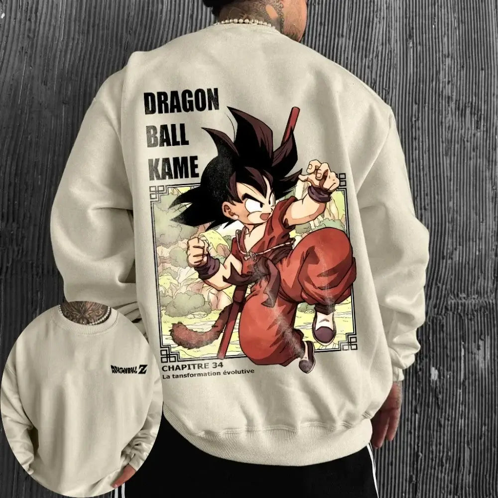 A comfortable Son Goku Hoodie featuring a Japanese anime graphic of Dragon Ball Z, designed as a long-sleeve parent-child outfit for men and boys.