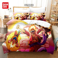 A Bandai One Piece Bedding Set featuring Monkey D. Luffy on a duvet cover and pillowcases, designed for anime bedroom decoration.