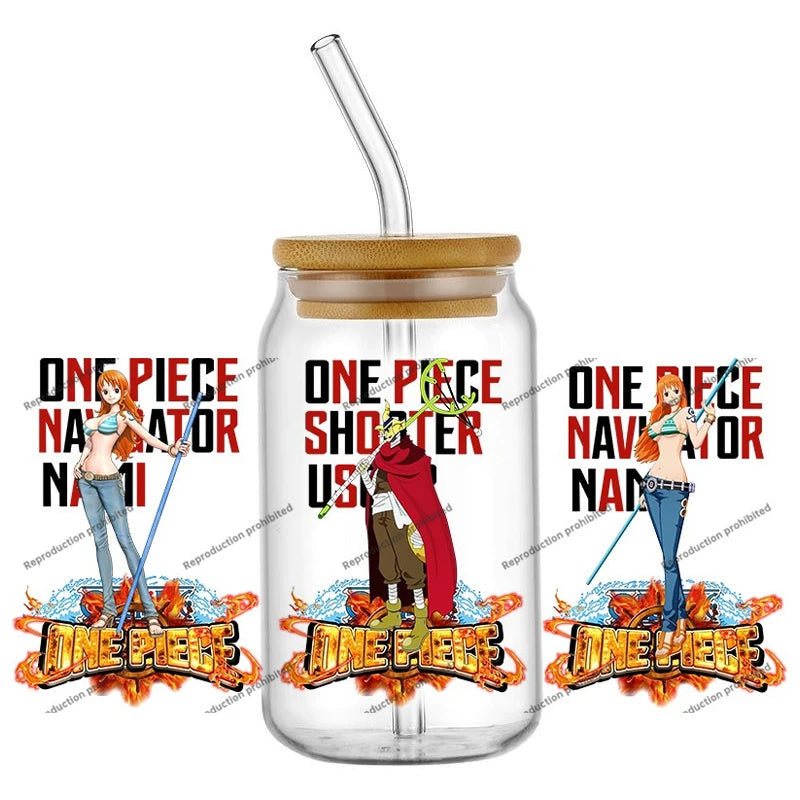 A collection of the newest 31 designs of popular One Piece UV DTF Stickers for a 16oz glass cup.